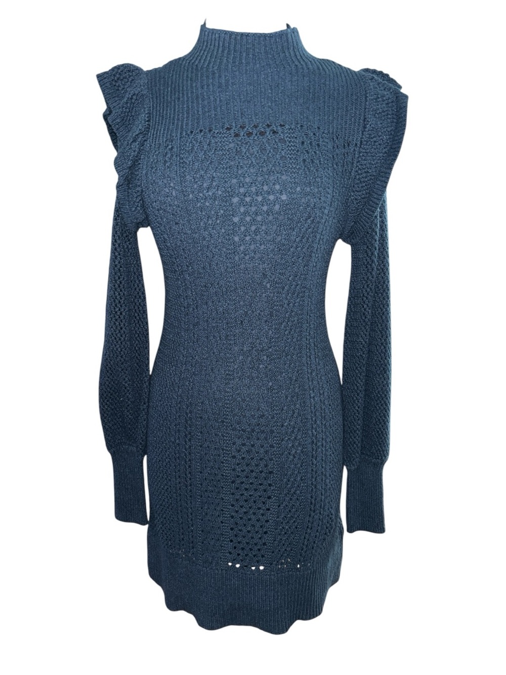 NWT Happy Nature Slate-Blue Mock Neck Long-Sleeve Knit Dress, P:16.5”, L:39”